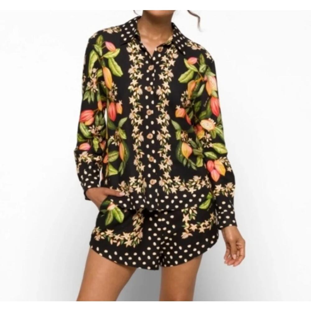 Farm Rio Cocoa Paradise Linen Blend Blouse NWT Size M